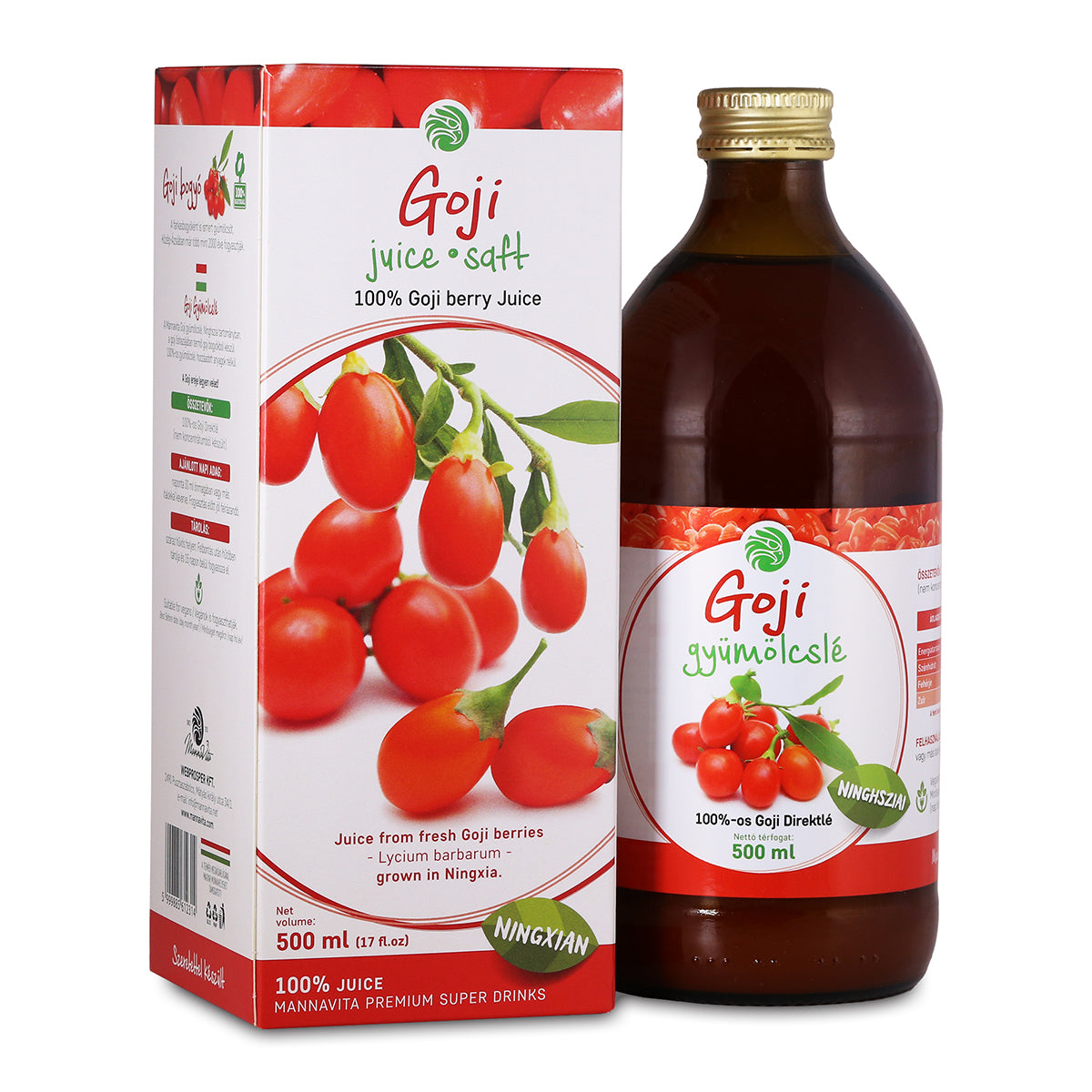 Mannavita • Sumo de Bagas de Goji, 100% puro prensado • 500 ml
